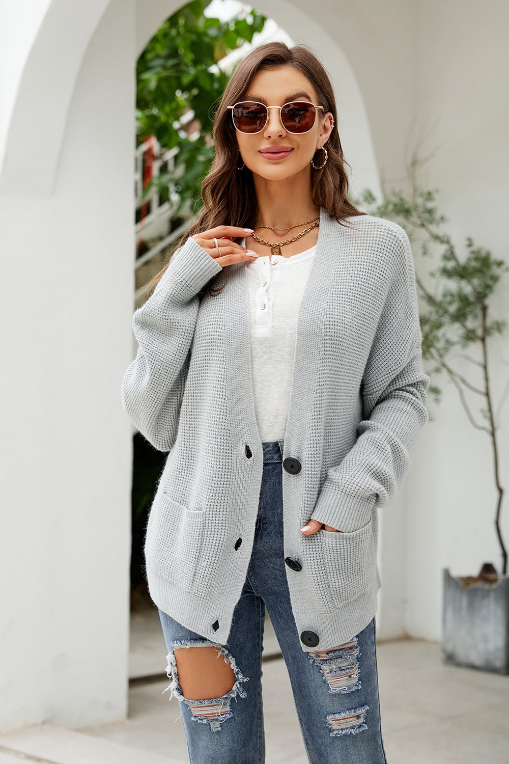 Button Up Drop Shoulder Long Sleeve Cardigan - Admiresty