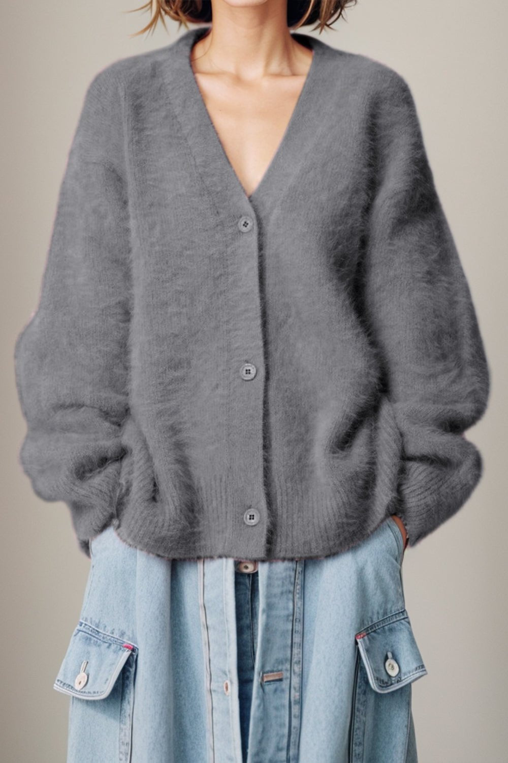 Button Up Dropped Shoulder Cardigan - Admiresty