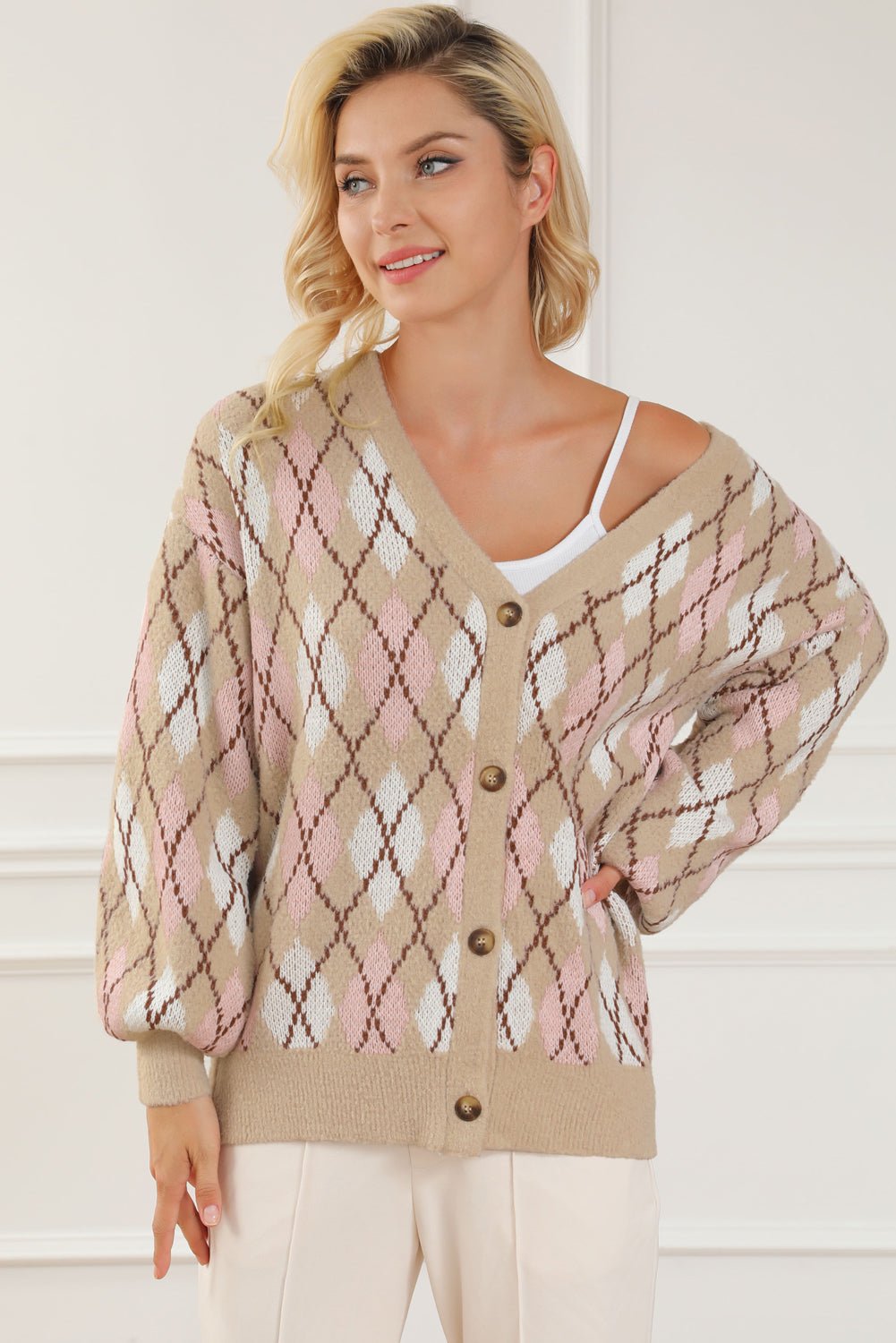 Button Up Geometric Dropped Shoulder Cardigan - Admiresty