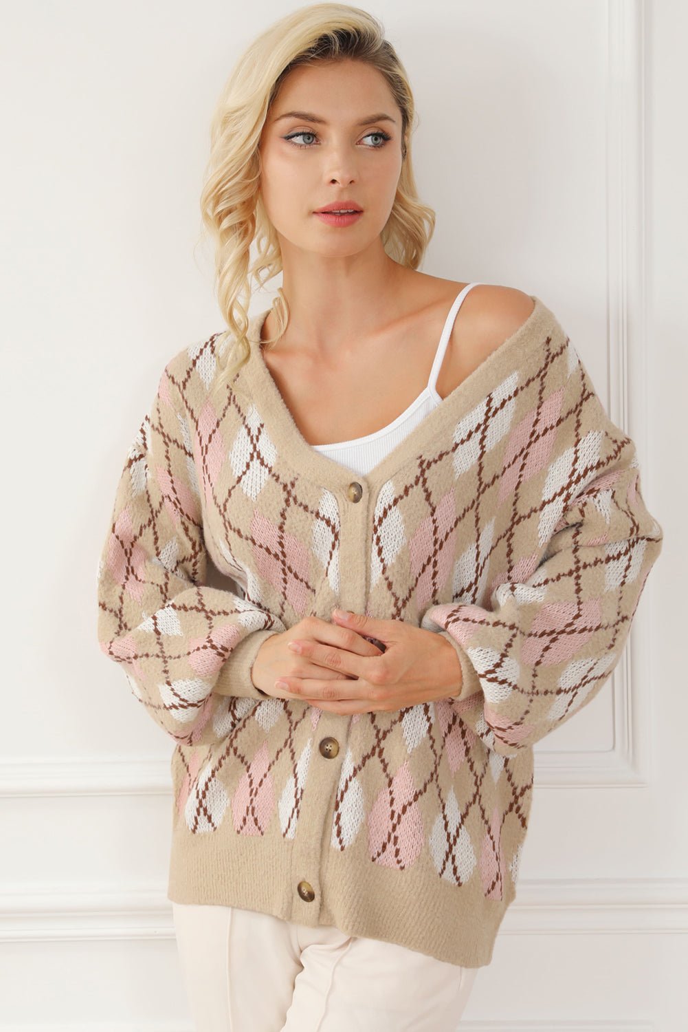 Button Up Geometric Dropped Shoulder Cardigan - Admiresty