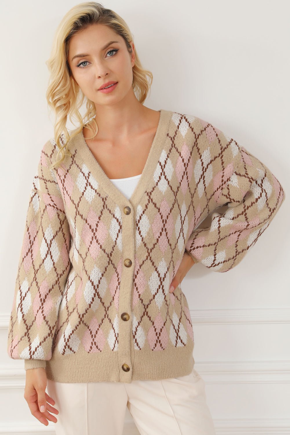 Button Up Geometric Dropped Shoulder Cardigan - Admiresty