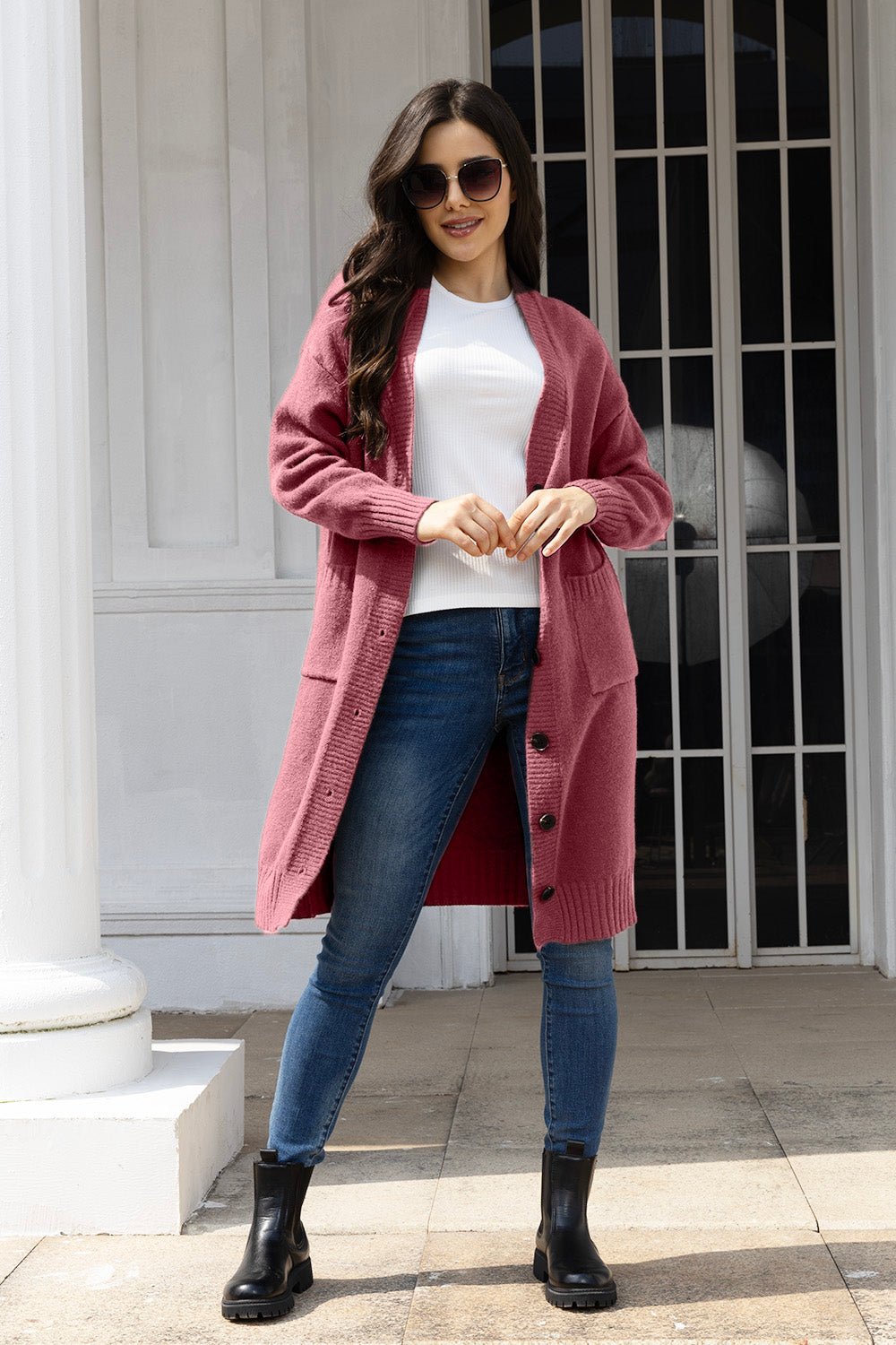 Button Up Long Sleeve Cardigan with Pockets - Admiresty