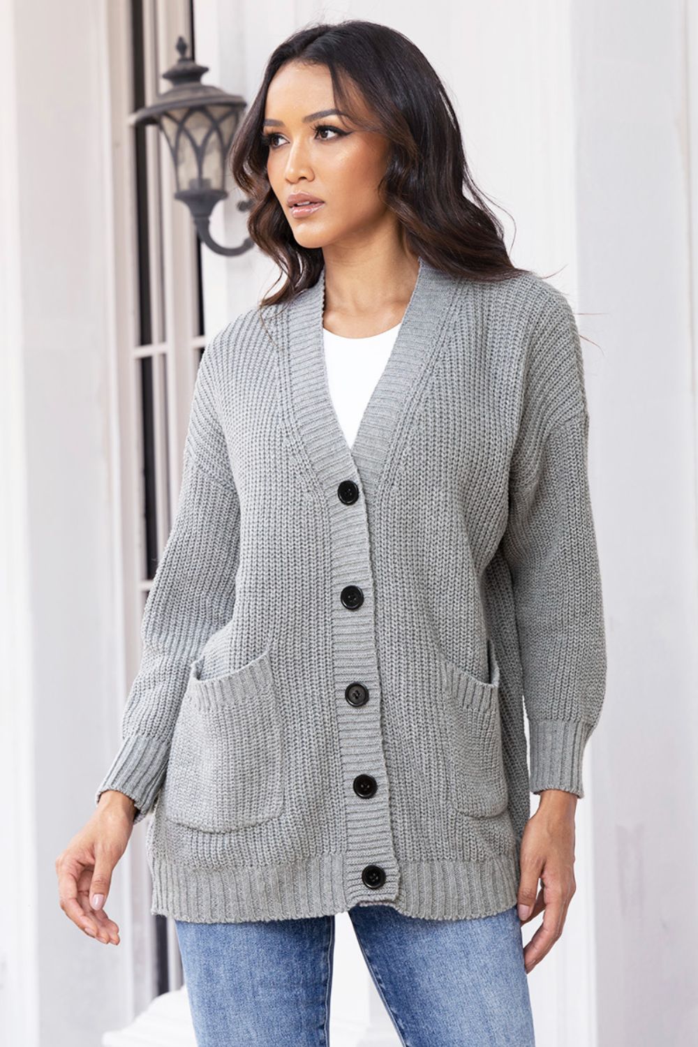 Button Up Long Sleeve Cardigan with Pockets - Admiresty