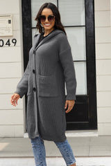 Button Up Long Sleeve Hooded Cardigan with Pockets - Admiresty