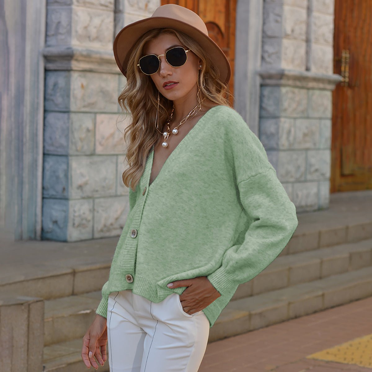 Button Up V - Neck Long Sleeve Cardigan - Admiresty