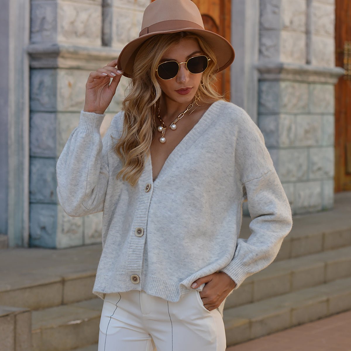 Button Up V - Neck Long Sleeve Cardigan - Admiresty