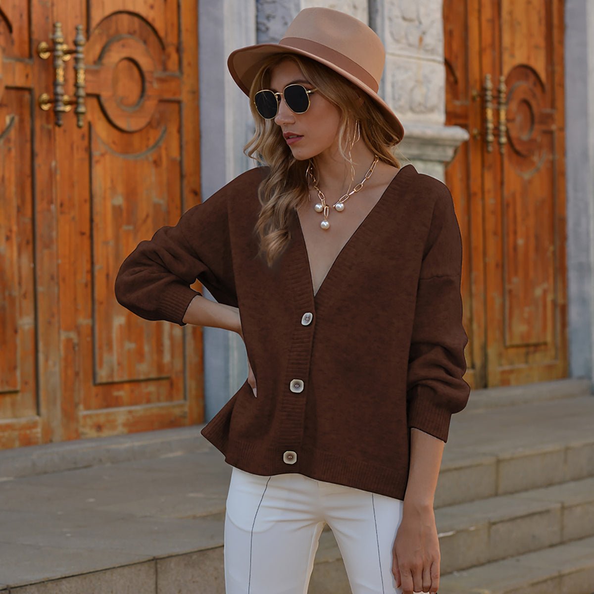 Button Up V - Neck Long Sleeve Cardigan - Admiresty