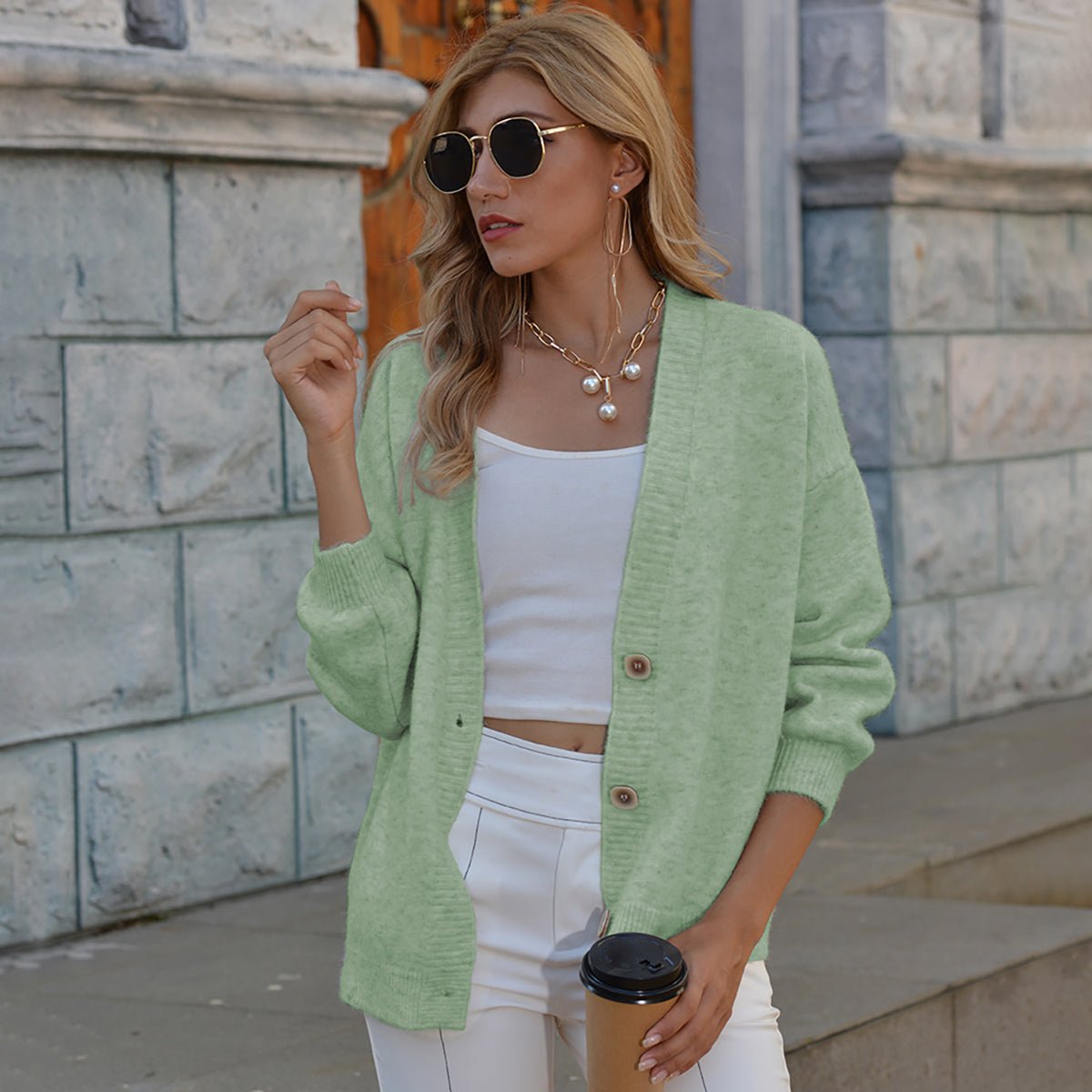 Button Up V - Neck Long Sleeve Cardigan - Admiresty