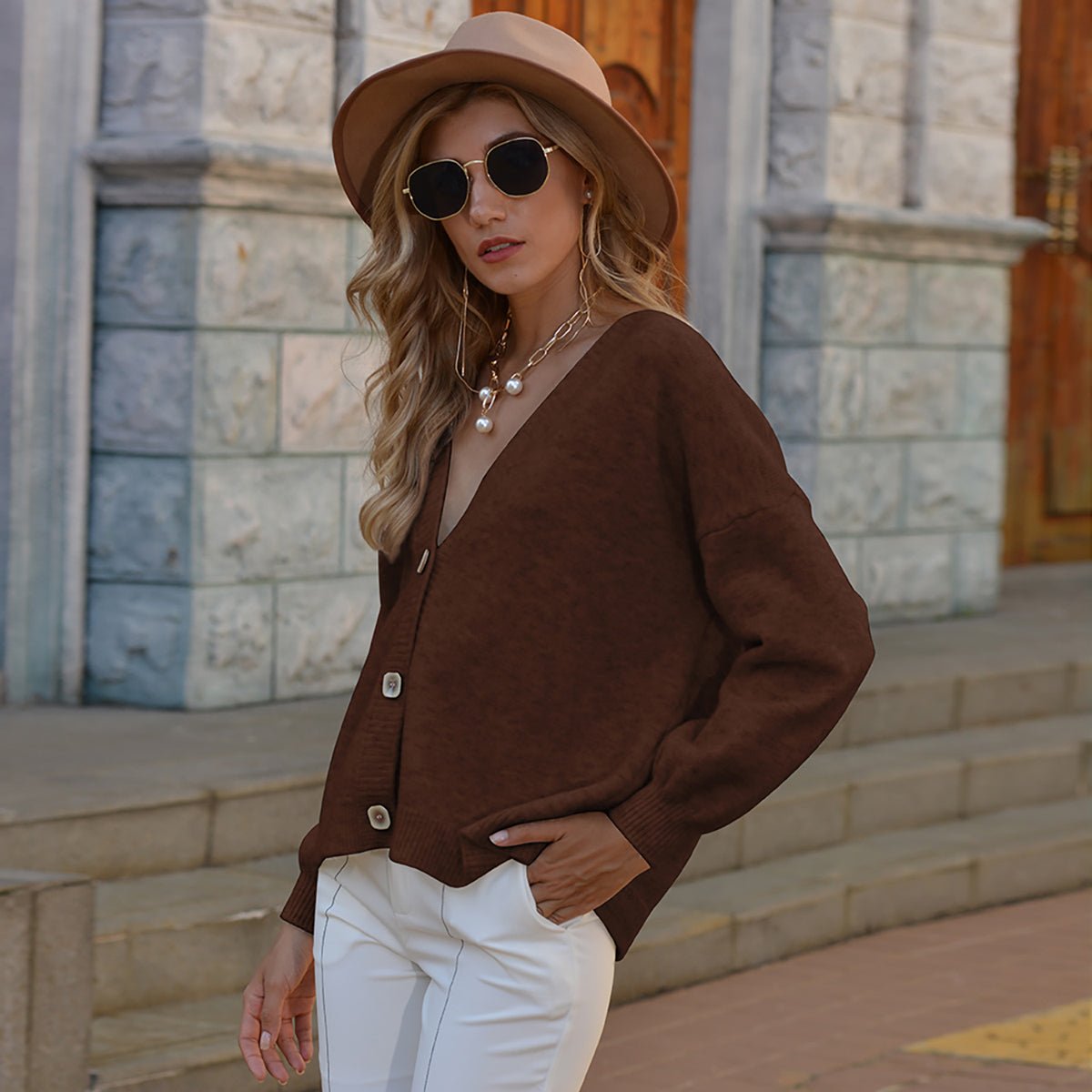 Button Up V - Neck Long Sleeve Cardigan - Admiresty