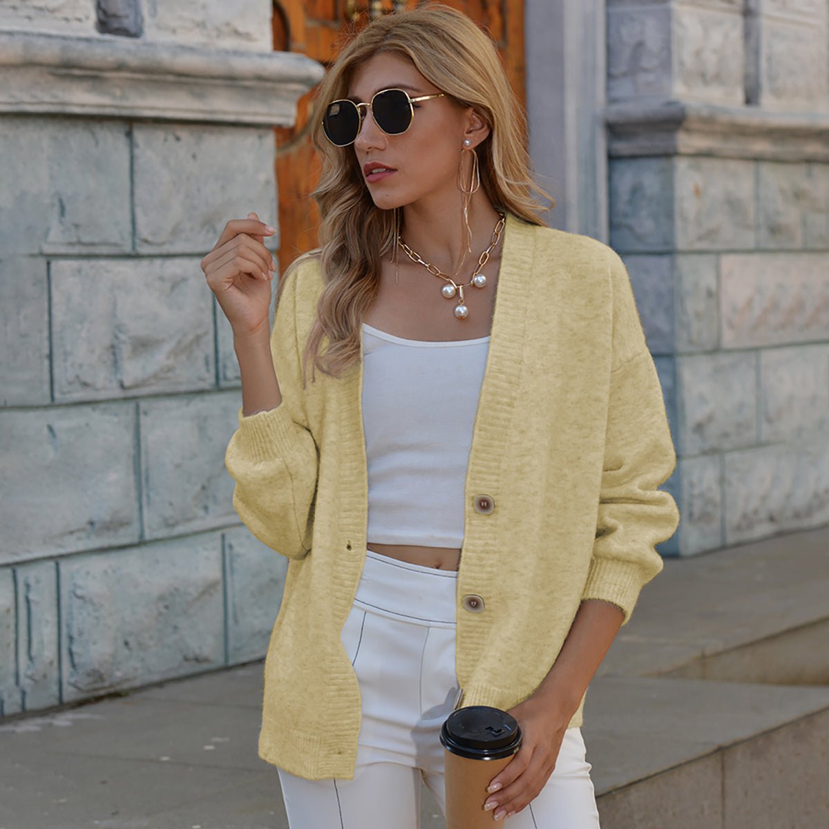 Button Up V - Neck Long Sleeve Cardigan - Admiresty