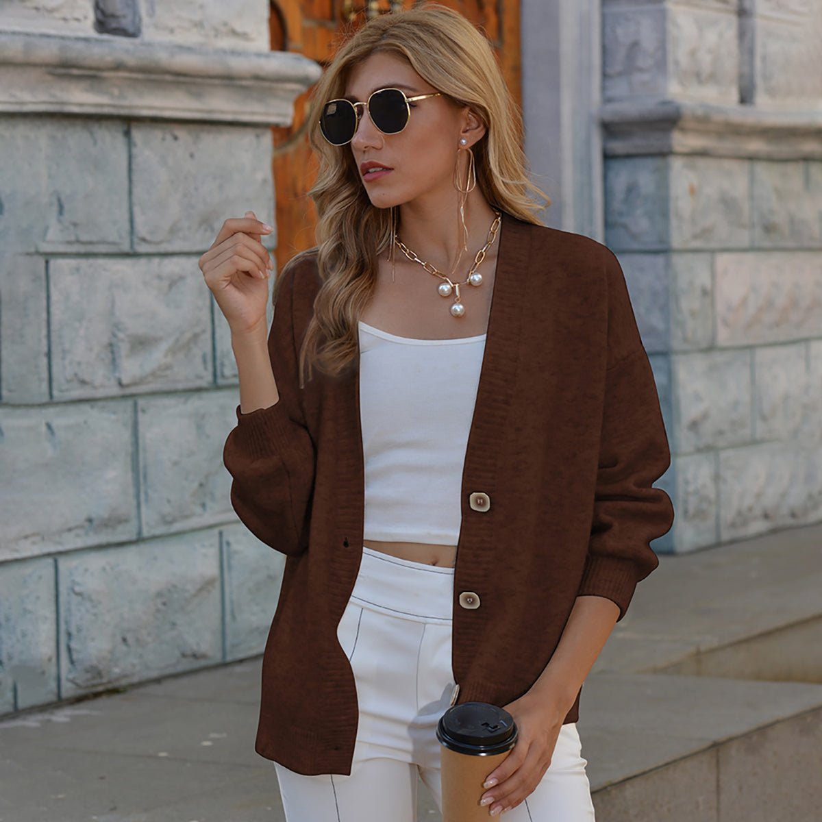 Button Up V - Neck Long Sleeve Cardigan - Admiresty