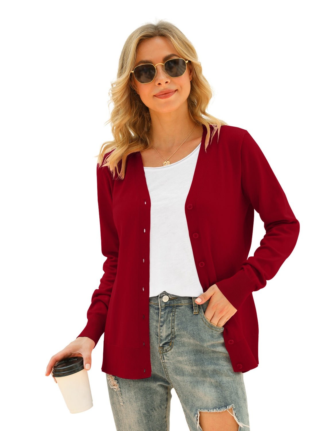 Button Up V - Neck Long Sleeve Cardigan - Admiresty