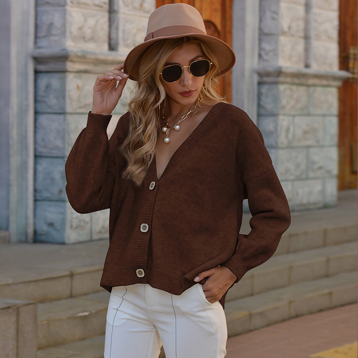 Button Up V - Neck Long Sleeve Cardigan - Admiresty