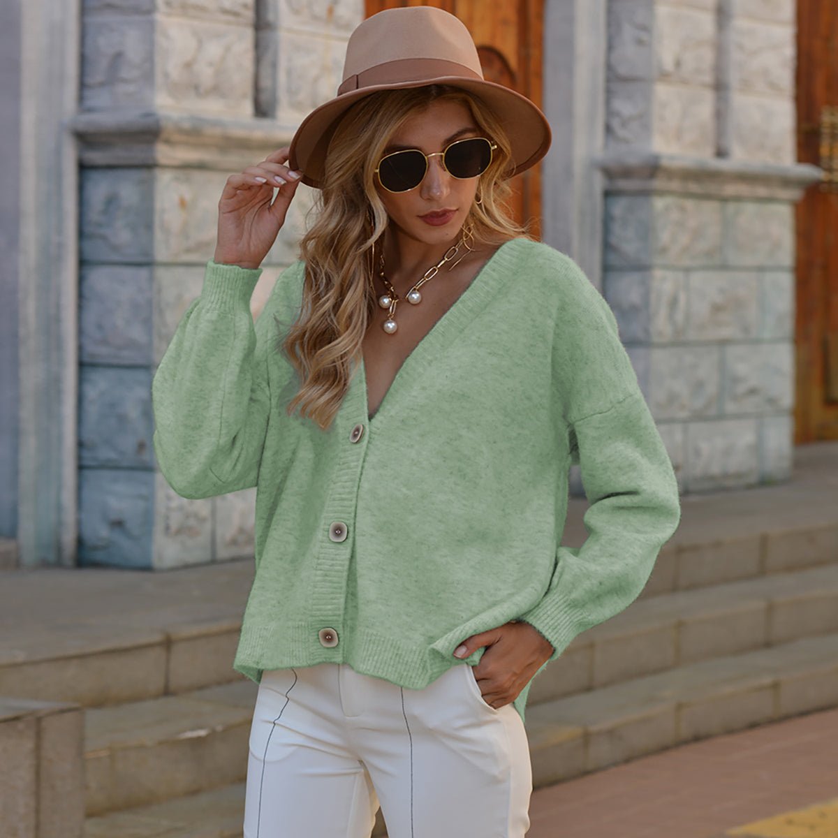 Button Up V - Neck Long Sleeve Cardigan - Admiresty