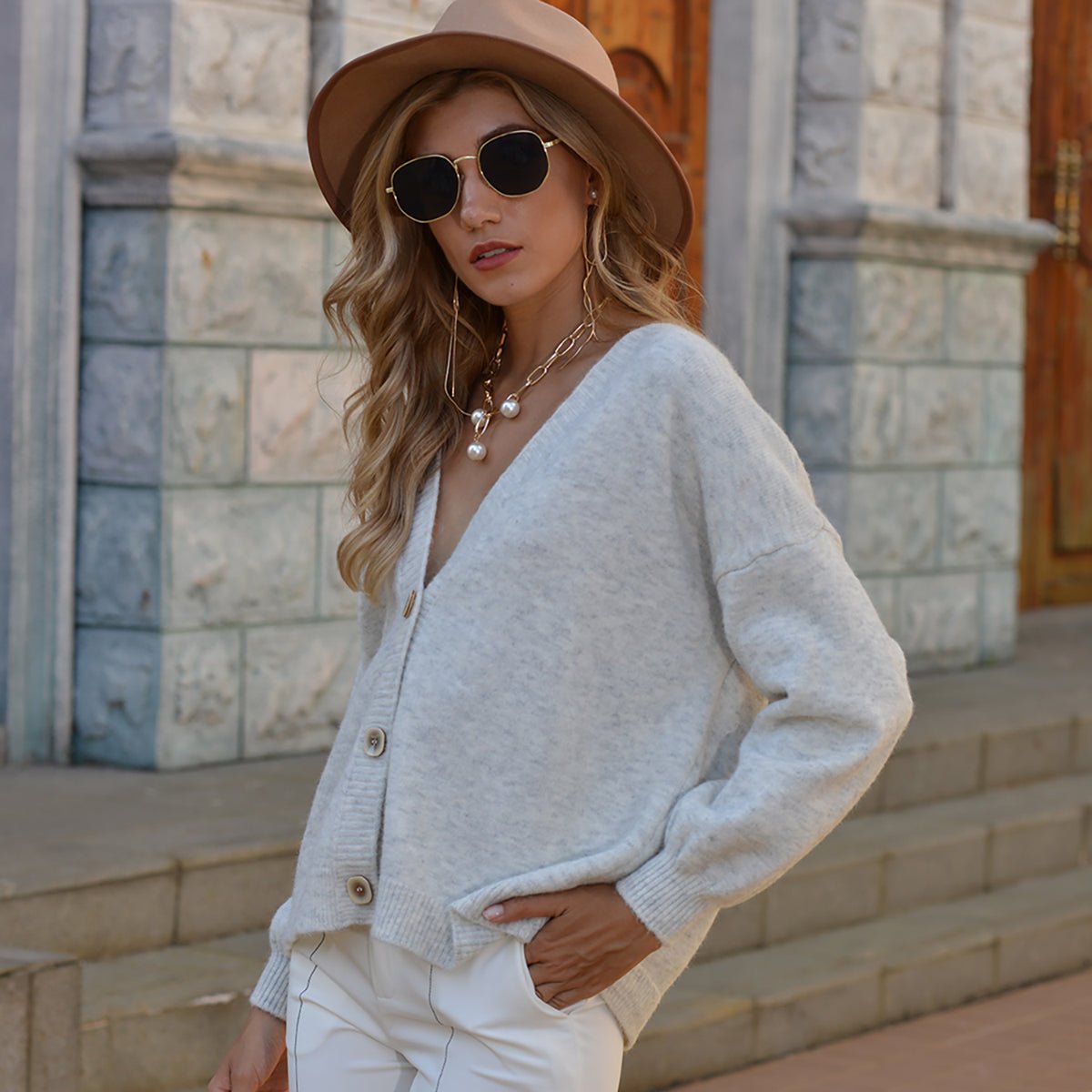 Button Up V - Neck Long Sleeve Cardigan - Admiresty