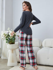 Buttoned Long Sleeve Top and Plaid Pants Lounge Set - Admiresty