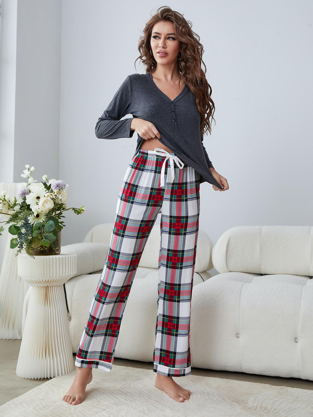 Buttoned Long Sleeve Top and Plaid Pants Lounge Set - Admiresty