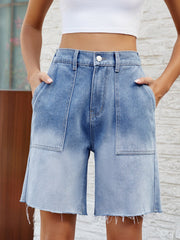 Buttoned Raw Hem Denim Shorts with Pockets - Admiresty