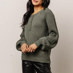 Buttoned Round Neck Long Sleeve Sweater - Admiresty