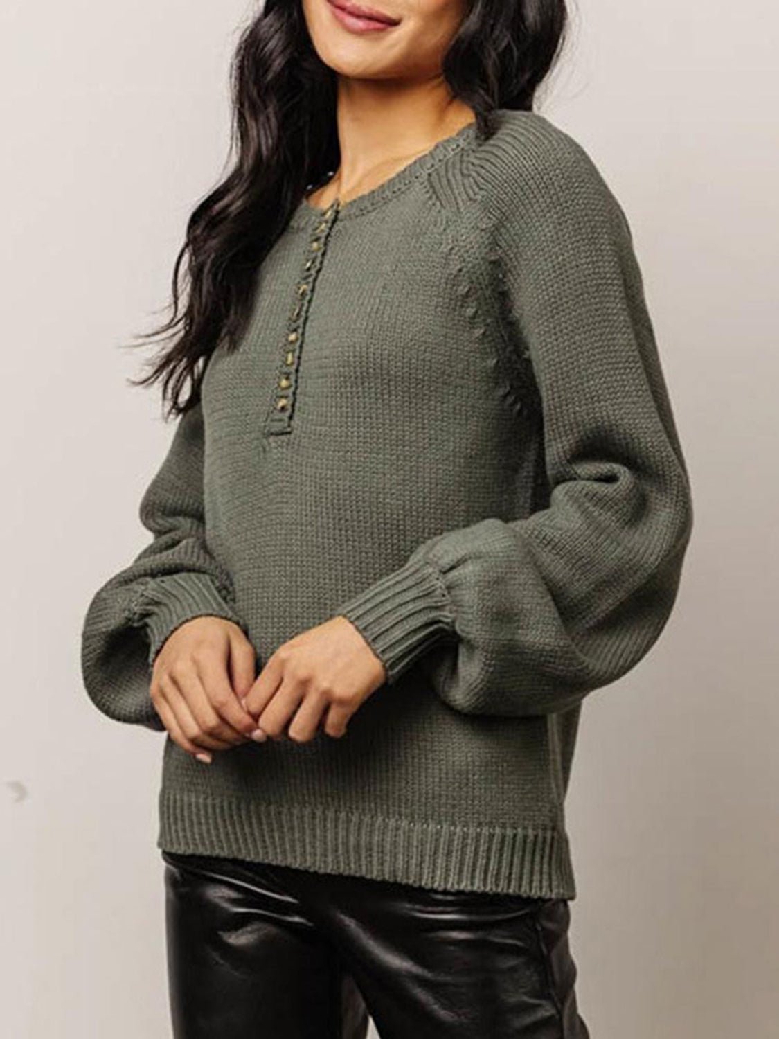 Buttoned Round Neck Long Sleeve Sweater - Admiresty