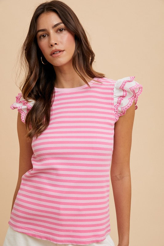 Annie Wear Ruffled Striped Round Neck Cap Sleeve Knit Top