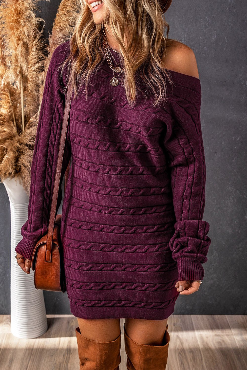 Cable - Knit Boat Neck Sweater Dress - Admiresty