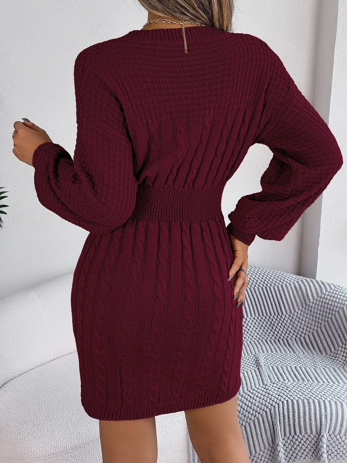 Cable - Knit Cutout Round Neck Slit Sweater Dress - Admiresty