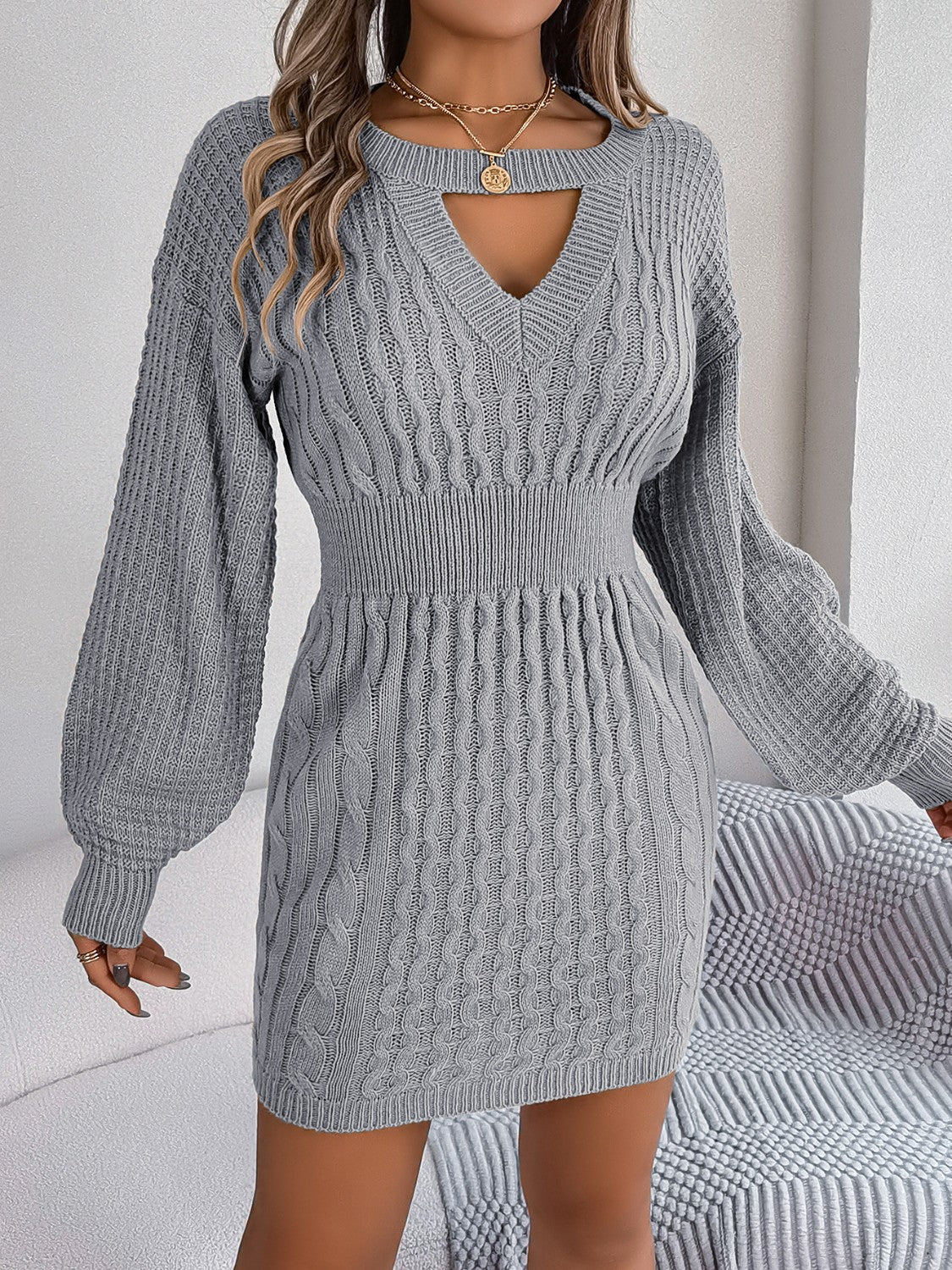 Cable - Knit Cutout Round Neck Slit Sweater Dress - Admiresty