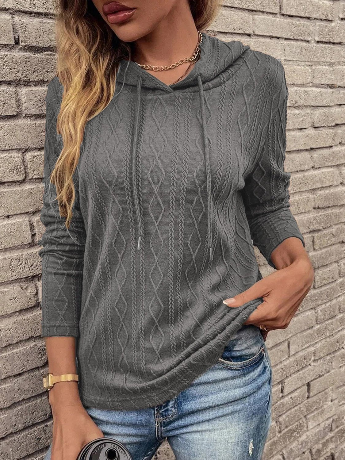 Cable - Knit Drawstring Hooded Knit Top - Admiresty