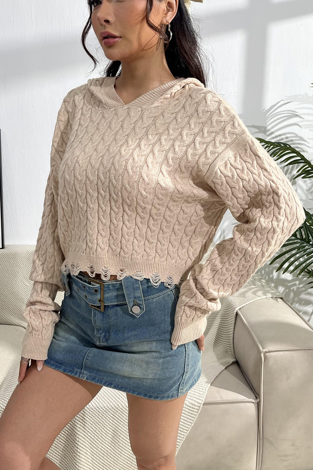 Cable - Knit Dropped Shoulder Hooded Sweater - Admiresty
