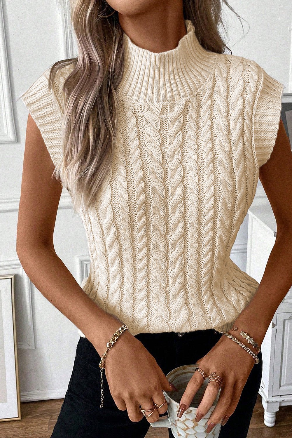 Cable - Knit Mock Neck Sweater Vest - Admiresty