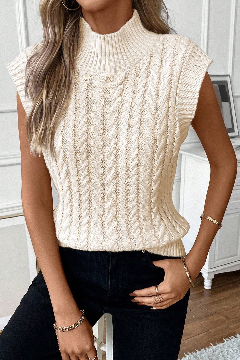 Cable - Knit Mock Neck Sweater Vest - Admiresty