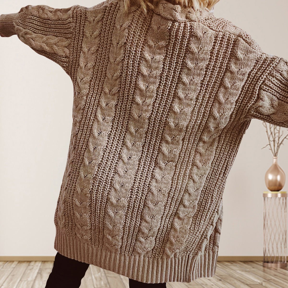 Cable - Knit Open Front Dropped Shoulder Cardigan - Admiresty