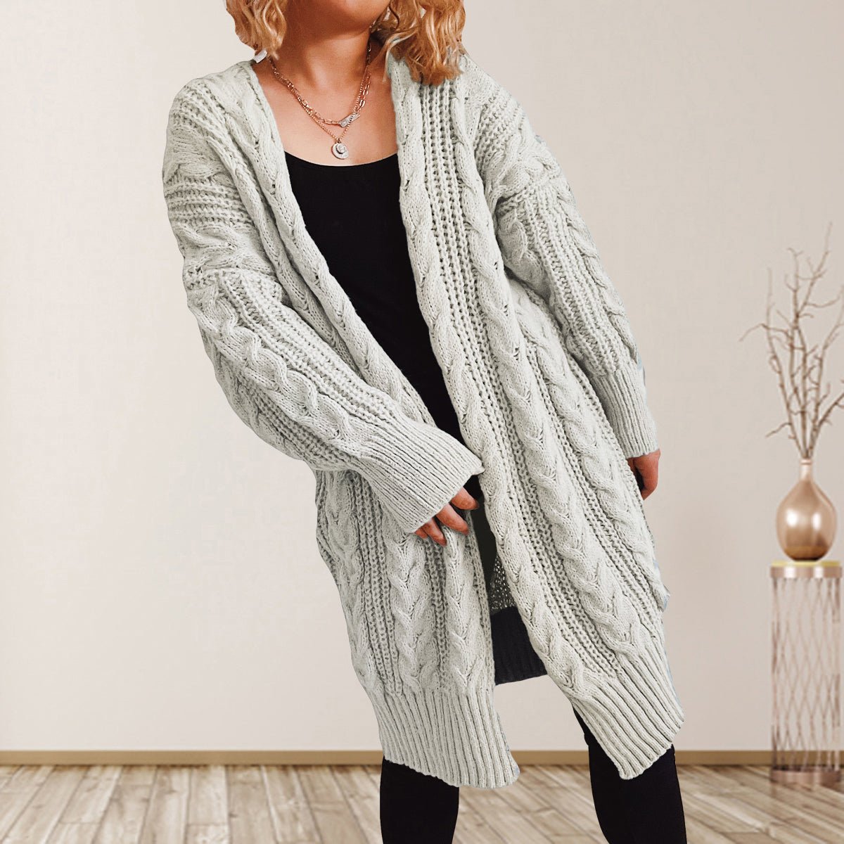 Cable - Knit Open Front Dropped Shoulder Cardigan - Admiresty