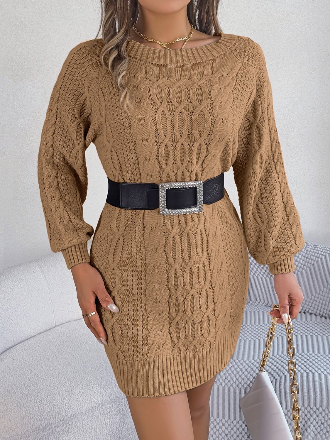 Cable - Knit Round Neck Sweater Dress - Admiresty