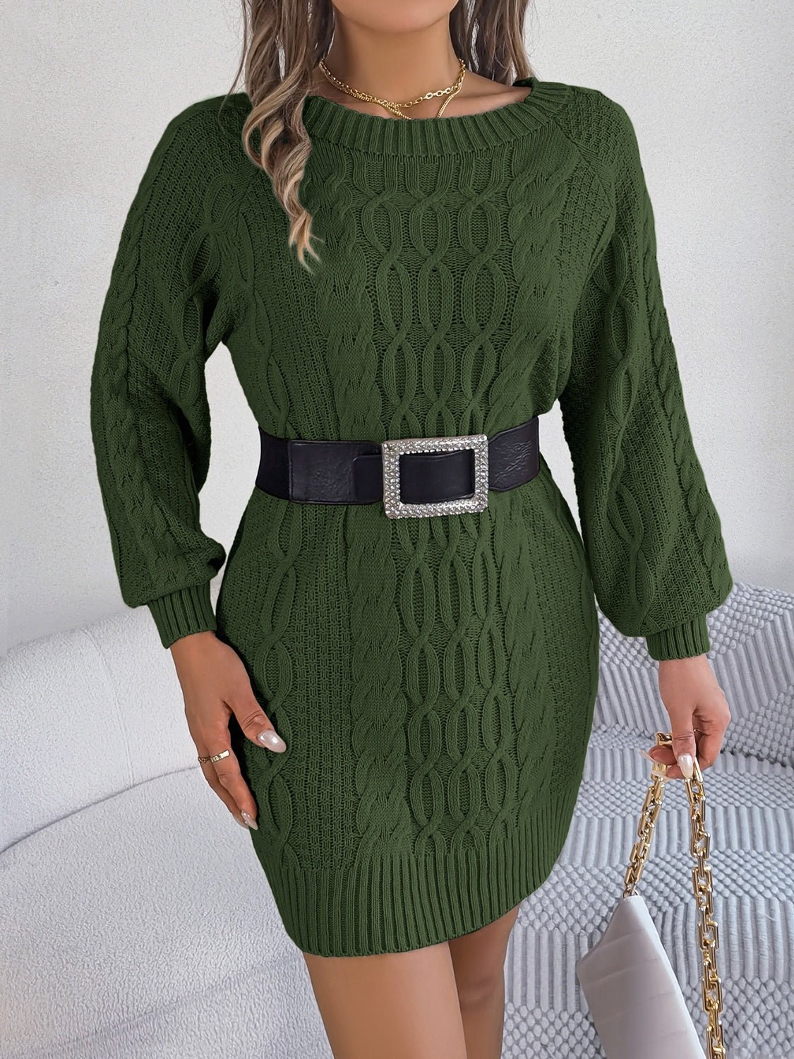 Cable - Knit Round Neck Sweater Dress - Admiresty