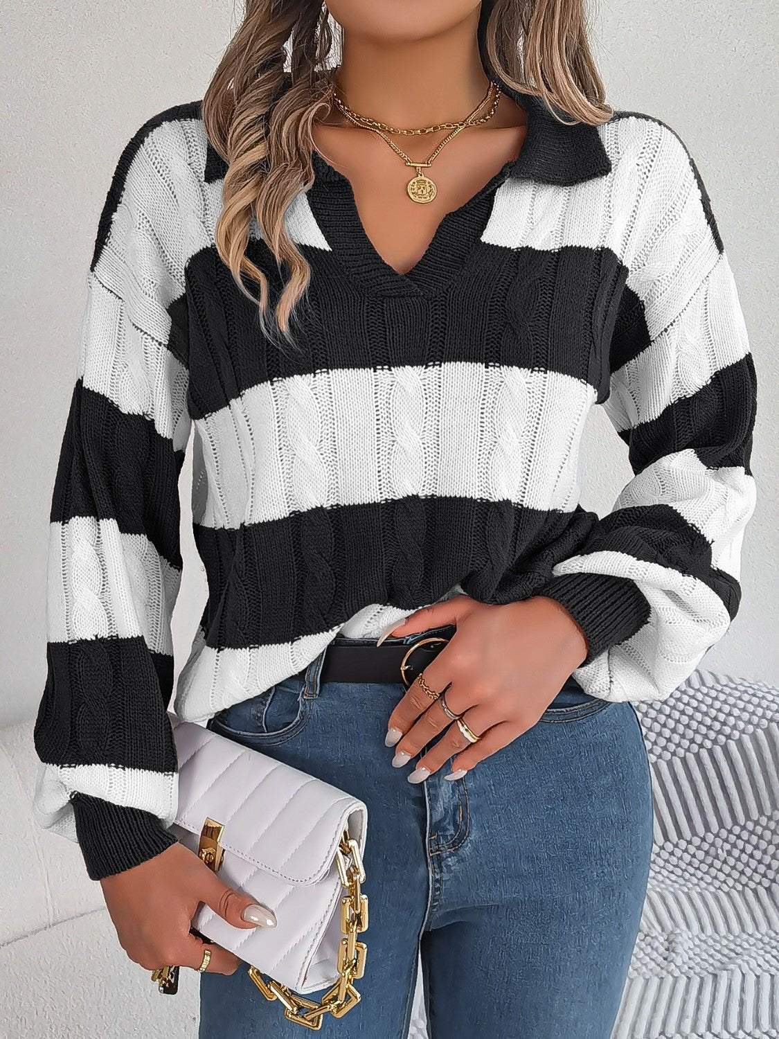 Cable - Knit Striped Long Sleeve Sweater - Admiresty