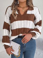 Cable - Knit Striped Long Sleeve Sweater - Admiresty