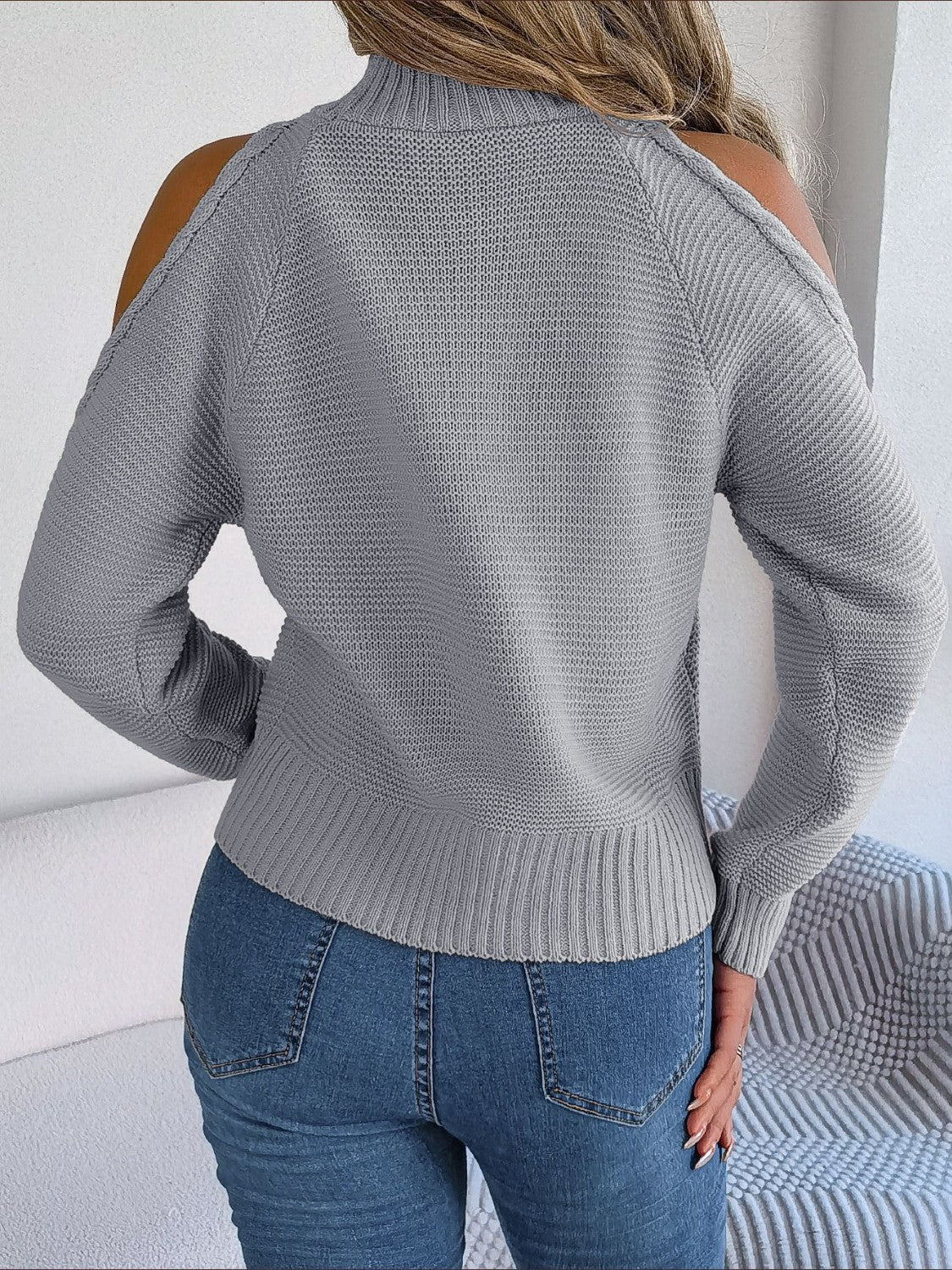 Cable - Knit Turtleneck Cold Shoulder Sweater - Admiresty