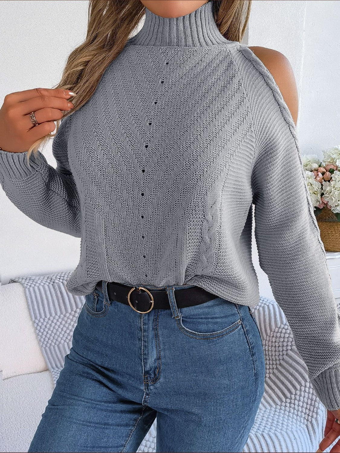 Cable - Knit Turtleneck Cold Shoulder Sweater - Admiresty