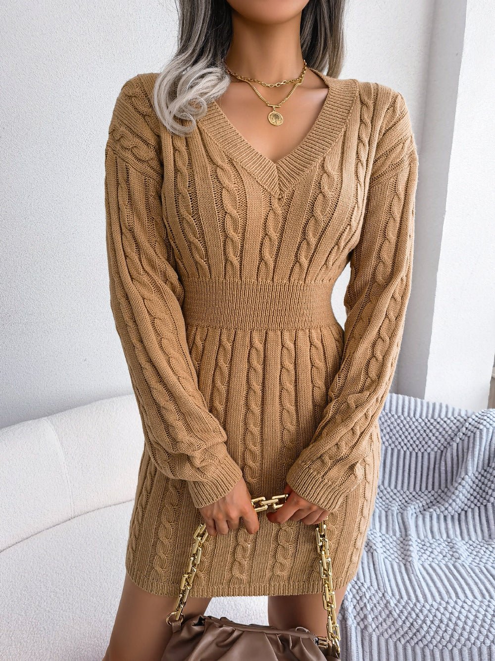 Cable - Knit V - Neck Mini Sweater Dress - Admiresty