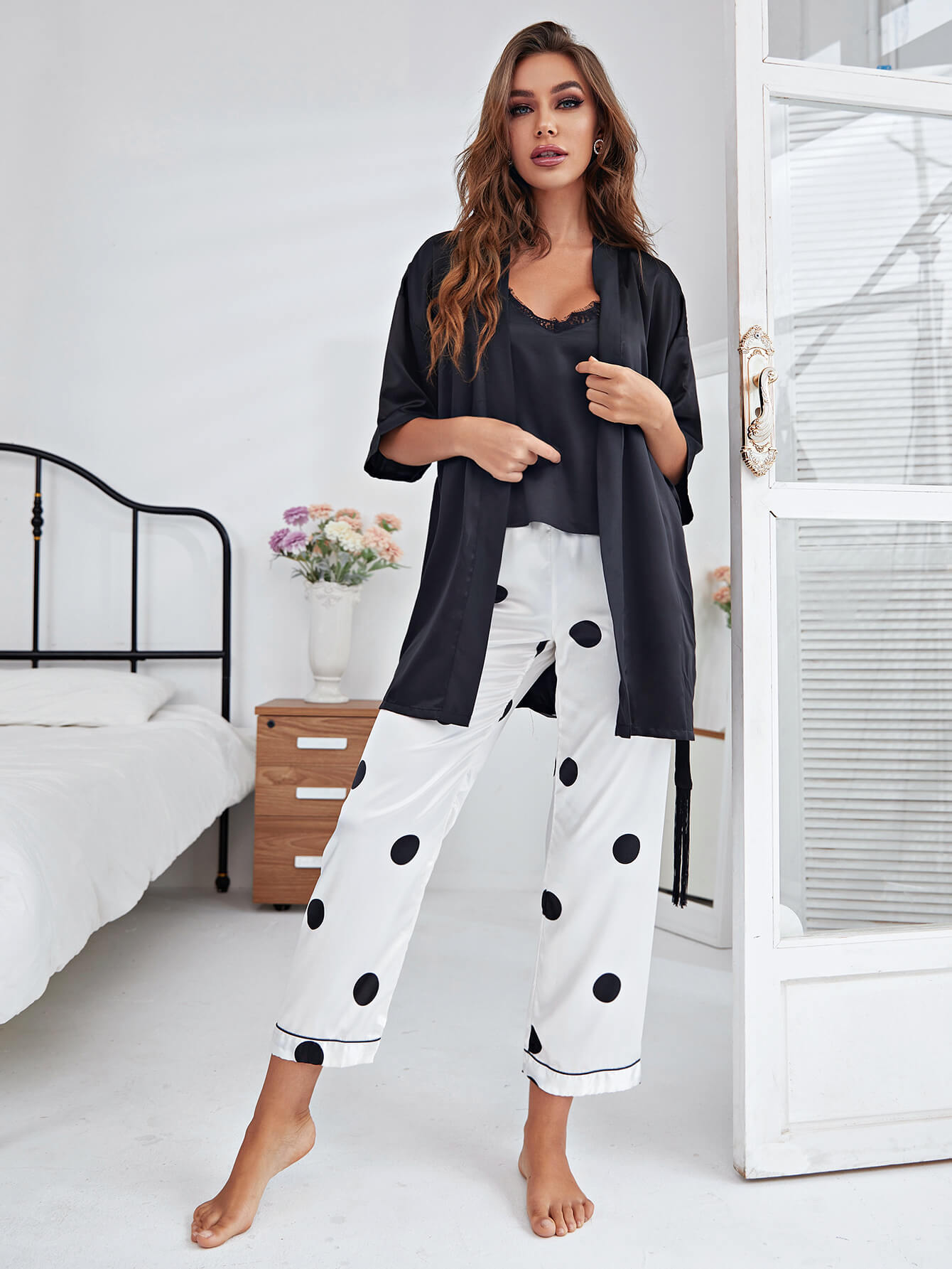 Cami, Robe, and Printed Pants Pajama Set - Admiresty