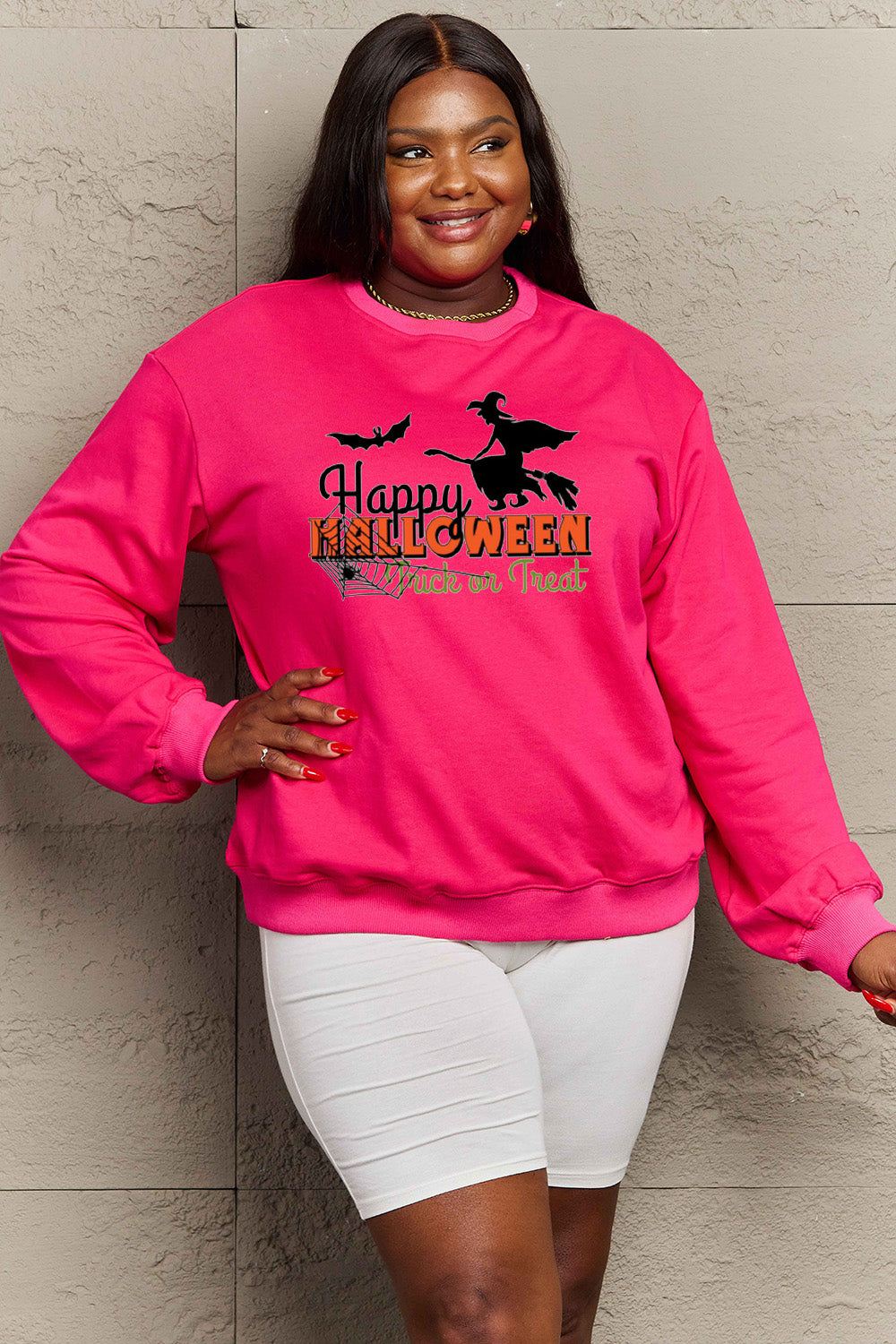 Sudadera con gráfico de tamaño completo HAPPY HALLOWEEN TRICK OR TREAT de Simply Love