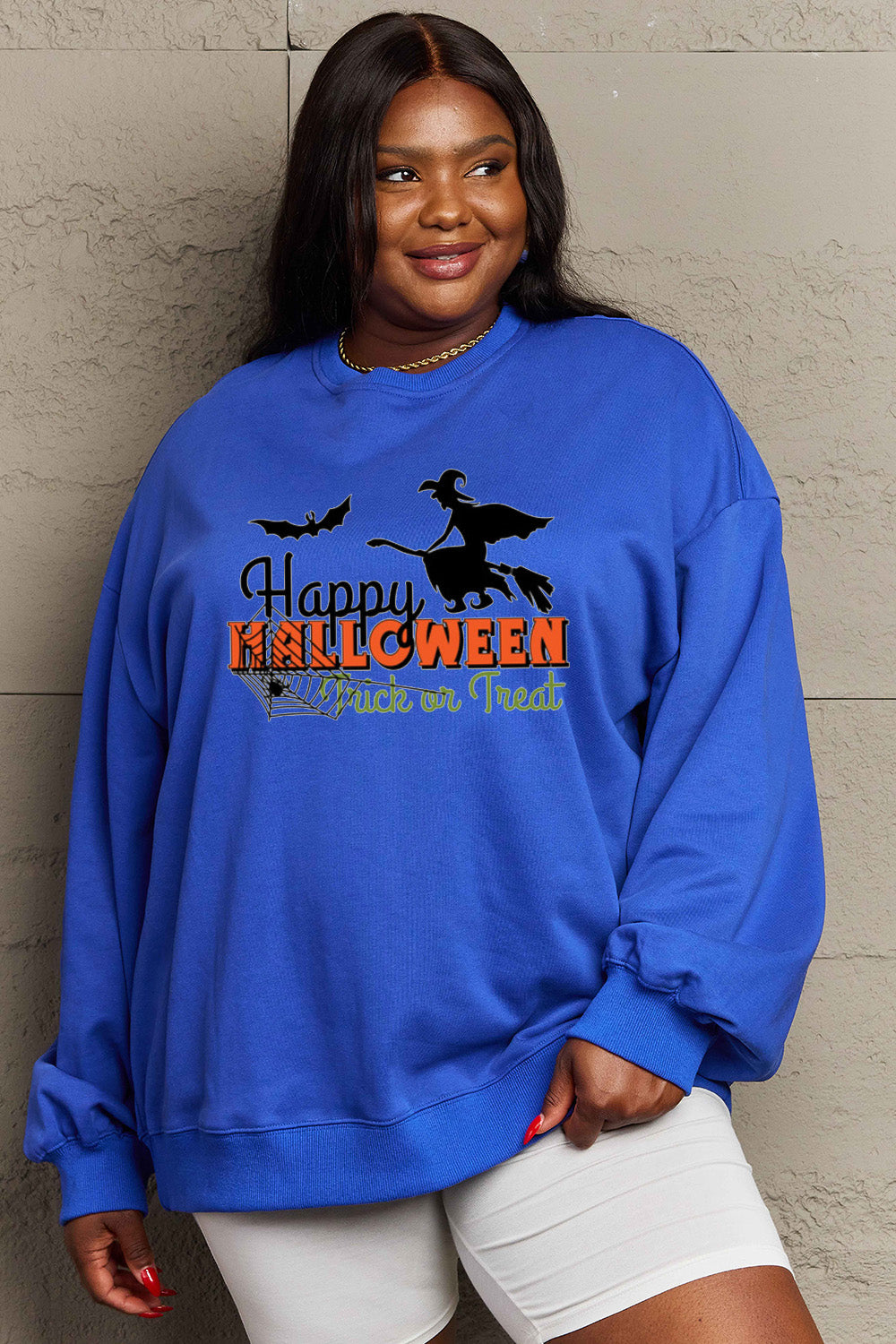 Sudadera con gráfico de tamaño completo HAPPY HALLOWEEN TRICK OR TREAT de Simply Love