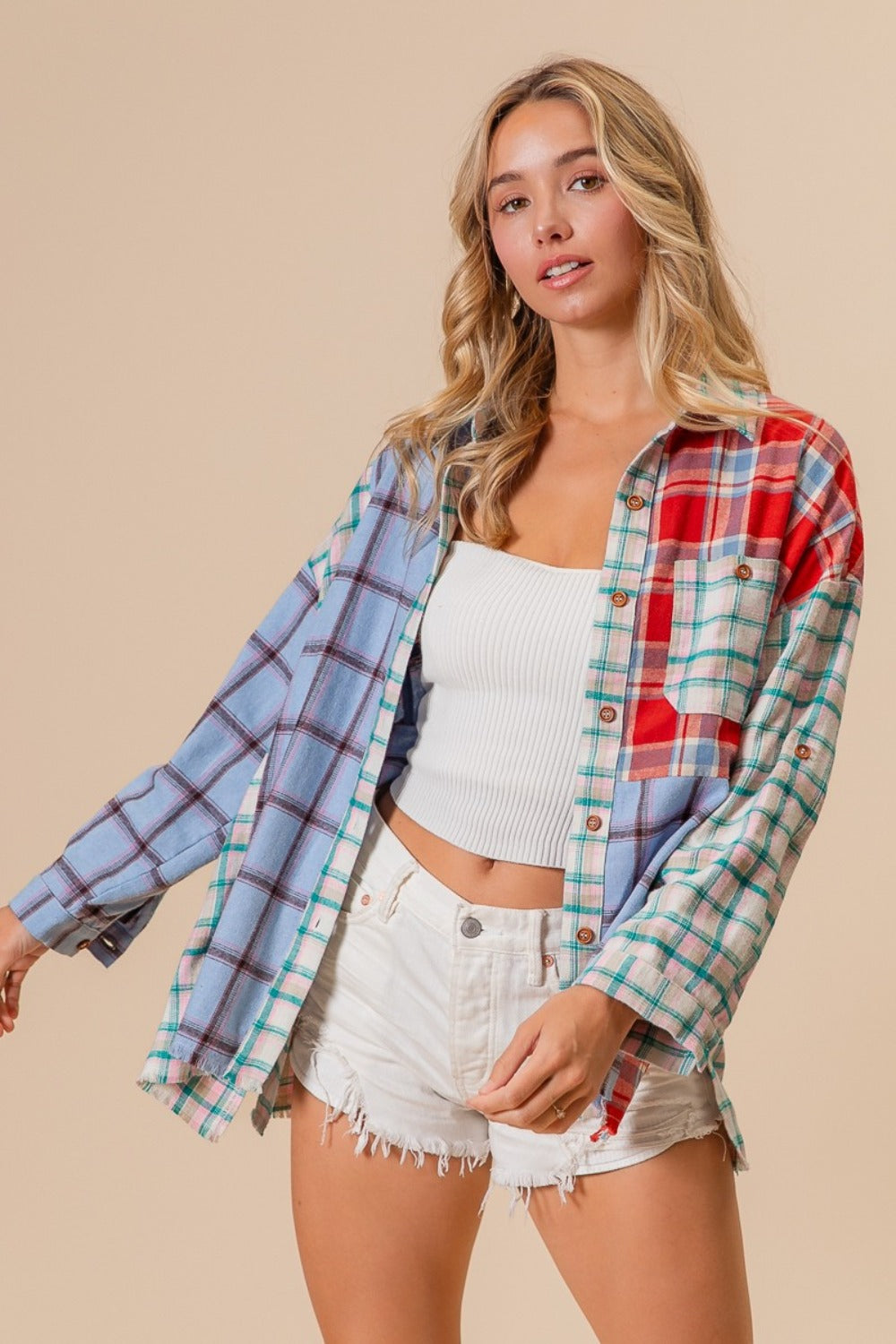 BiBi Color Block Plaid Button Down Shirt