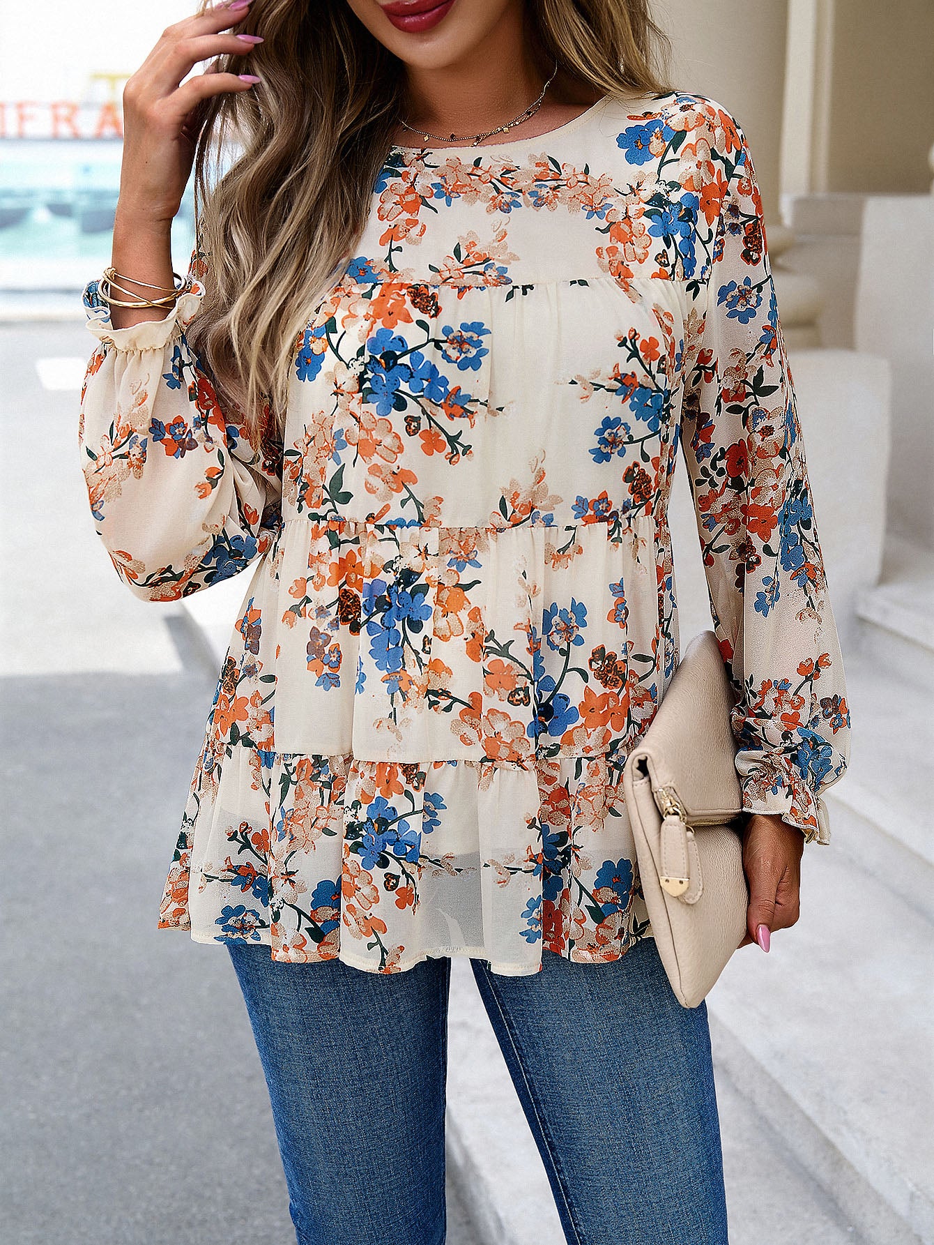 Printed Flounce Sleeve Tiered Blouse