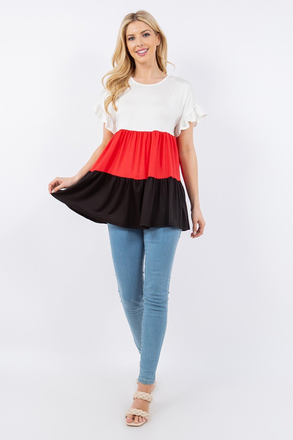 Celeste Full Size Color Block Ruffled Short Sleeve Top - Admiresty