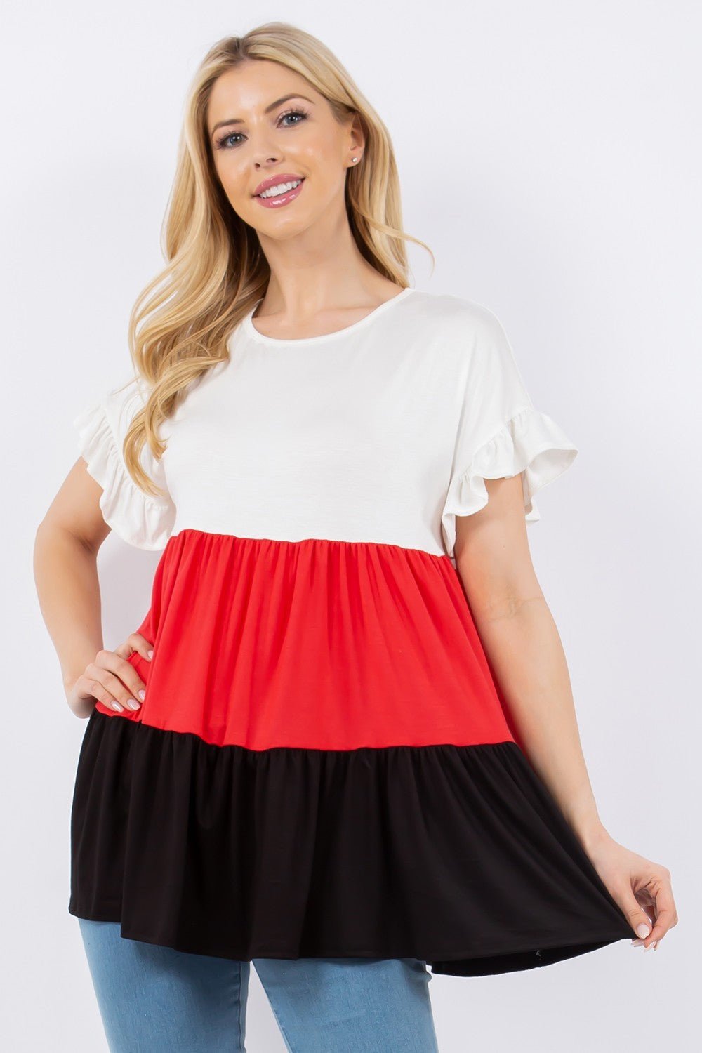 Celeste Full Size Color Block Ruffled Short Sleeve Top - Admiresty