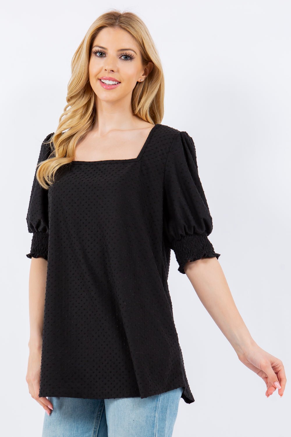 Celeste Full Size Swiss Dot Puff Sleeve Top - Admiresty