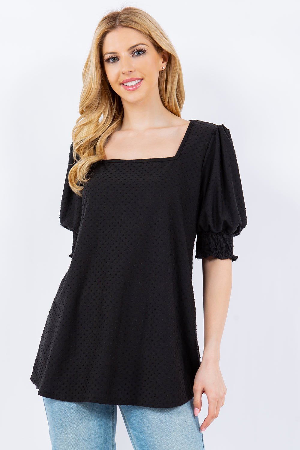 Celeste Full Size Swiss Dot Puff Sleeve Top - Admiresty